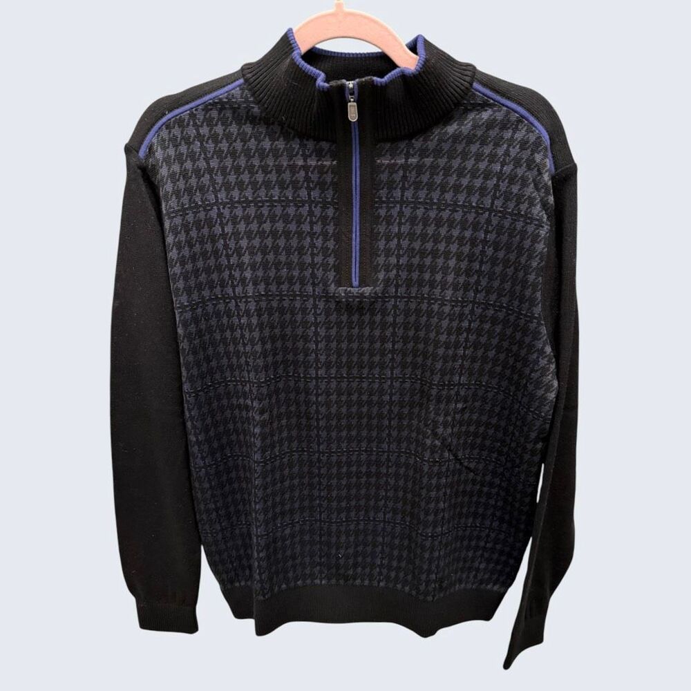 Vtg St. Croix Sweater Mens M Blue Black Houndstooth Wool Blend 1/4 Zip USA Made